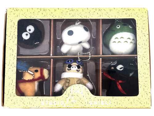 Cute mini size plush set box. With a ball chain, you can hang it anywhere. A Perfect gifts and collections for Ghibli Funs. 6 movie characters, Susuwatari, Kodama, Green totoro, Yakuru, Marco, Jiji.  W130×H90×D40mm    For ages 15 and up